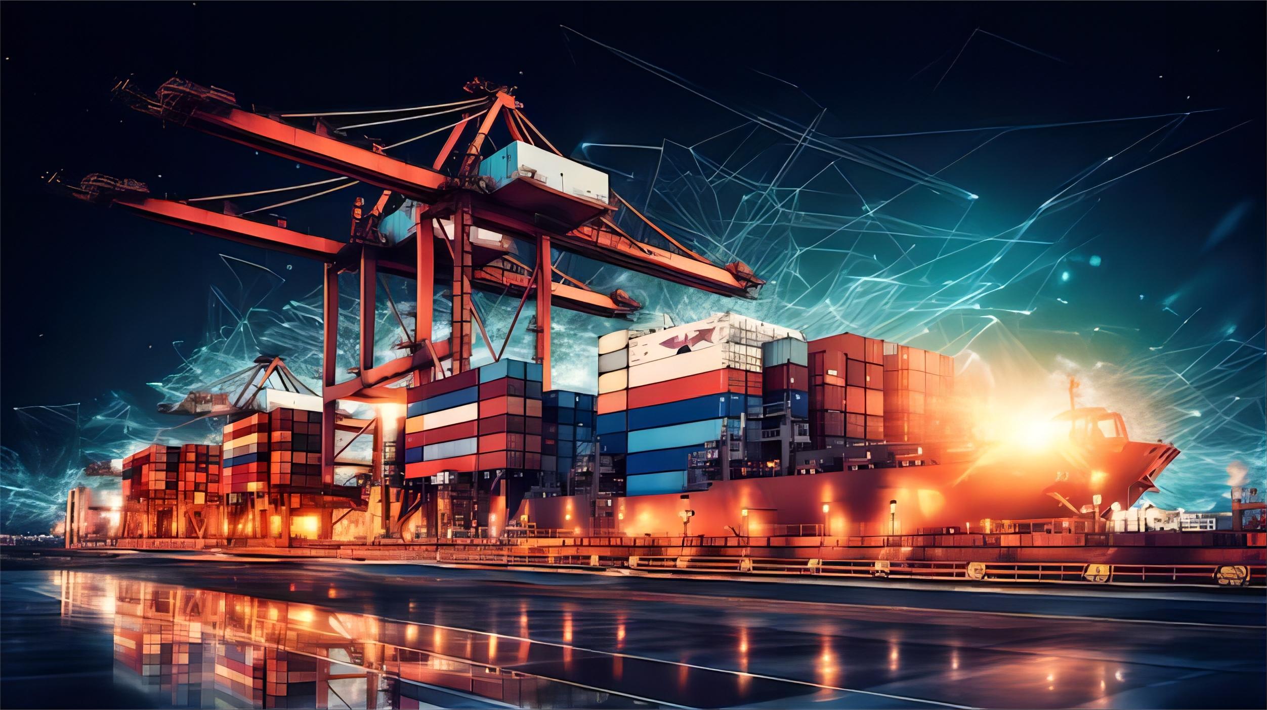 Shipping containers at a busy port, symbolizing international shipping routes