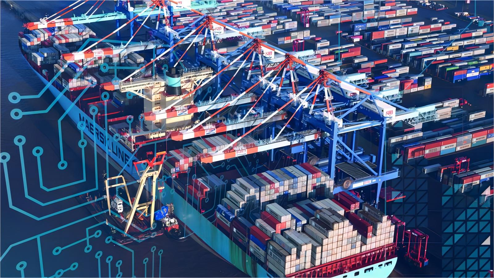 Cargo containers being loaded onto a ship at a port