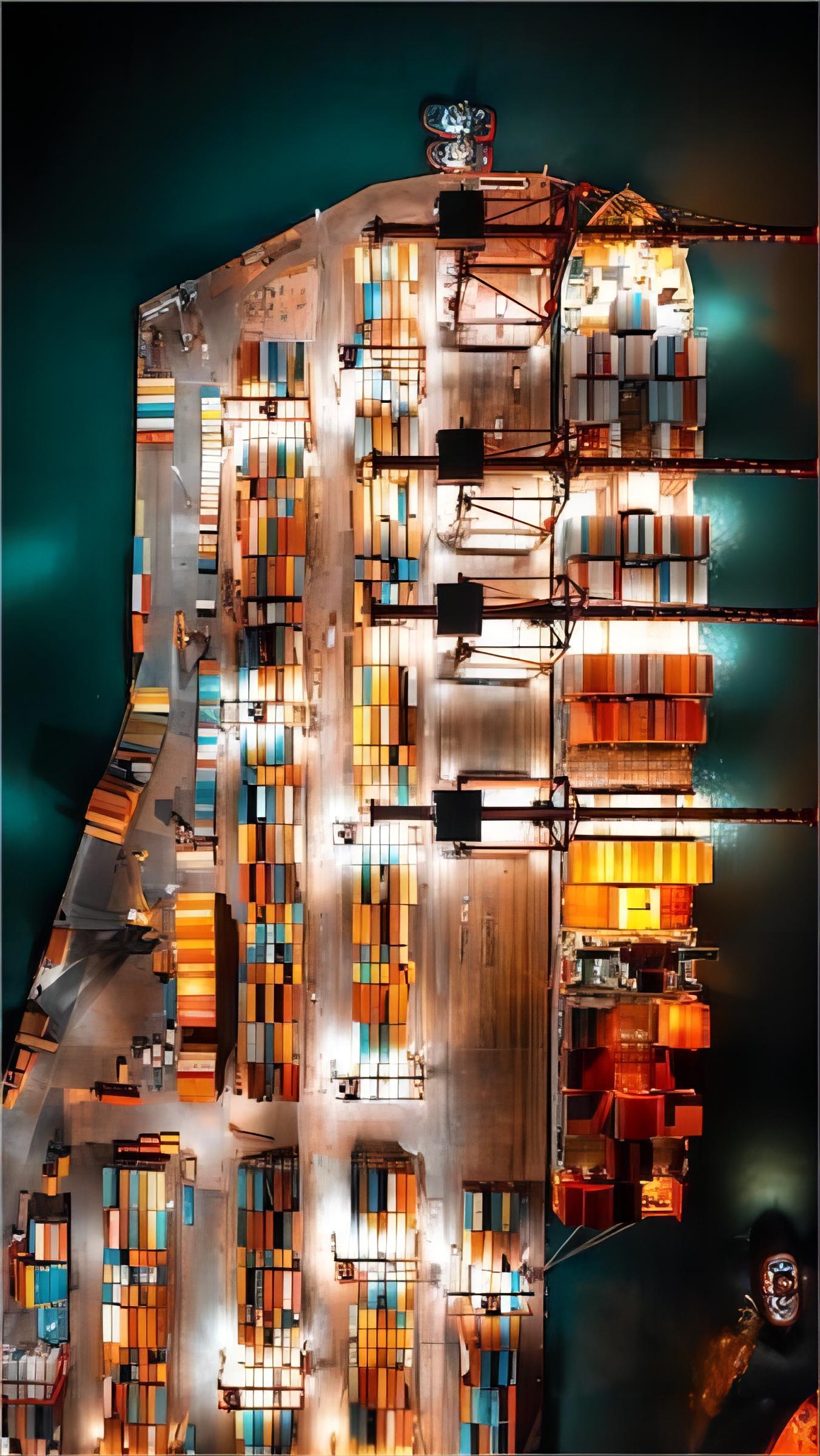 Cargo containers being scanned at a busy port terminal