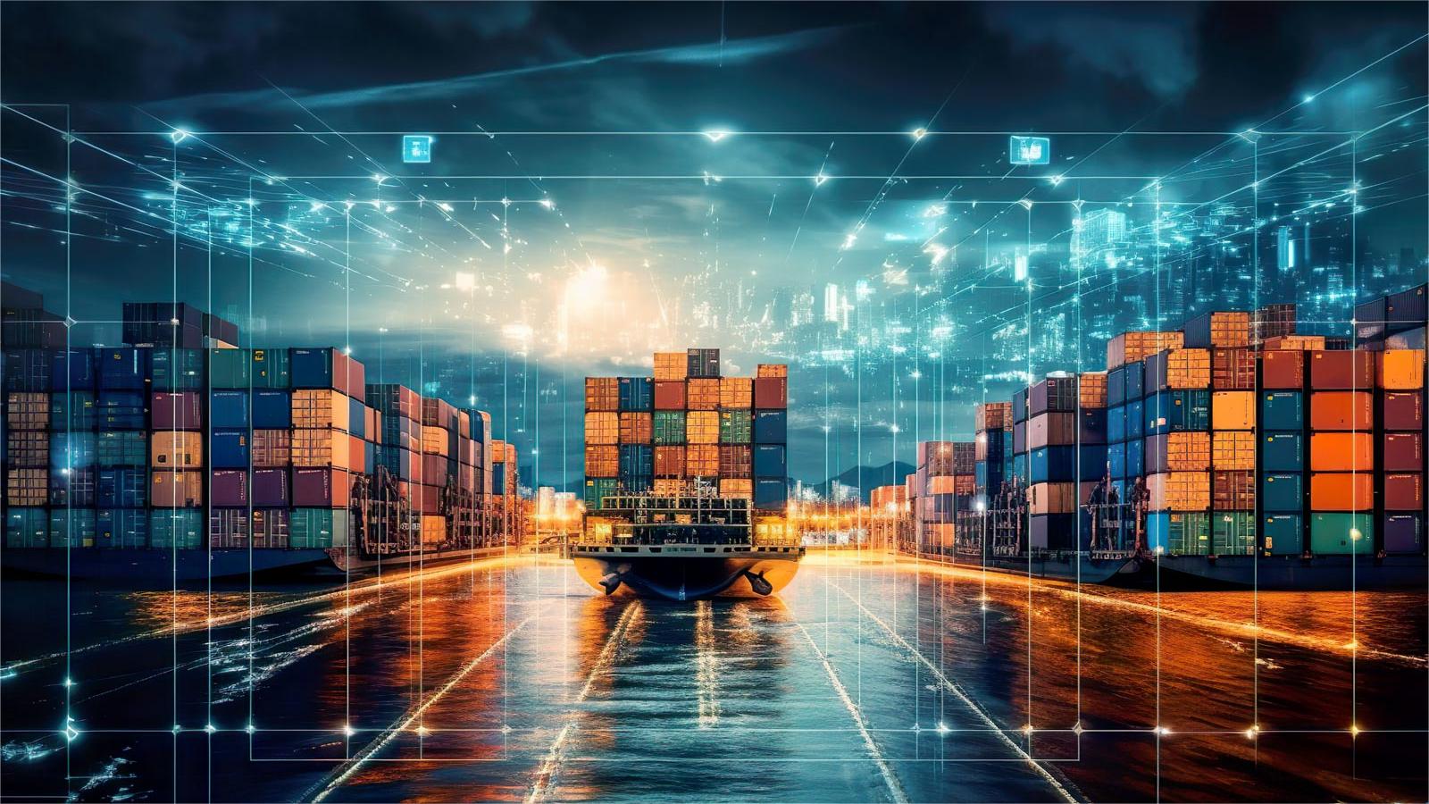 Warehouse facility with cargo being transferred and organized