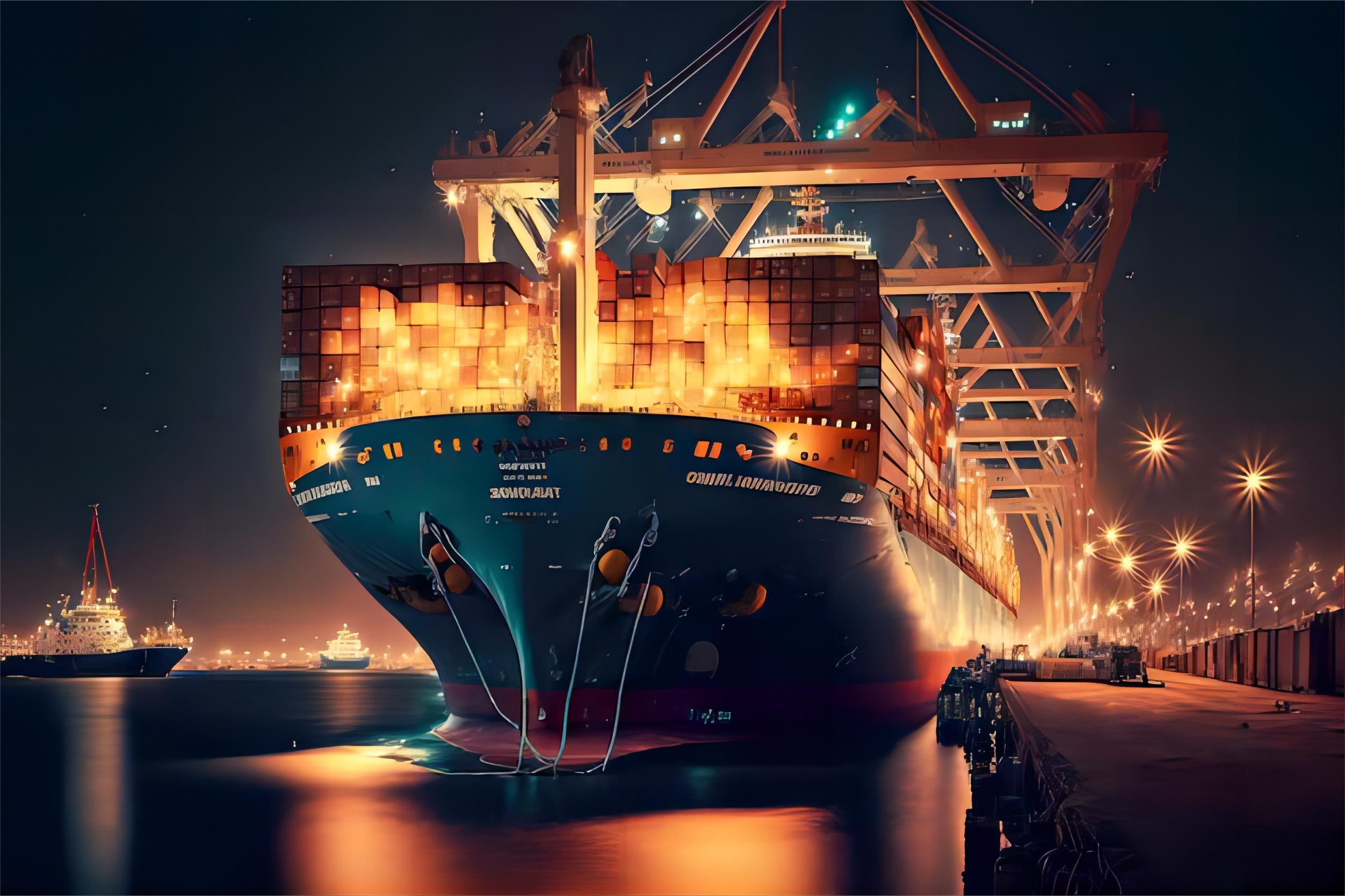 Container ship departing from a port in Thailand