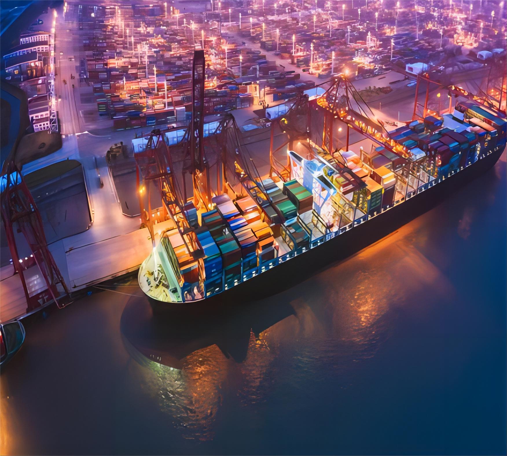 Heavy machinery being loaded onto a cargo ship at a port