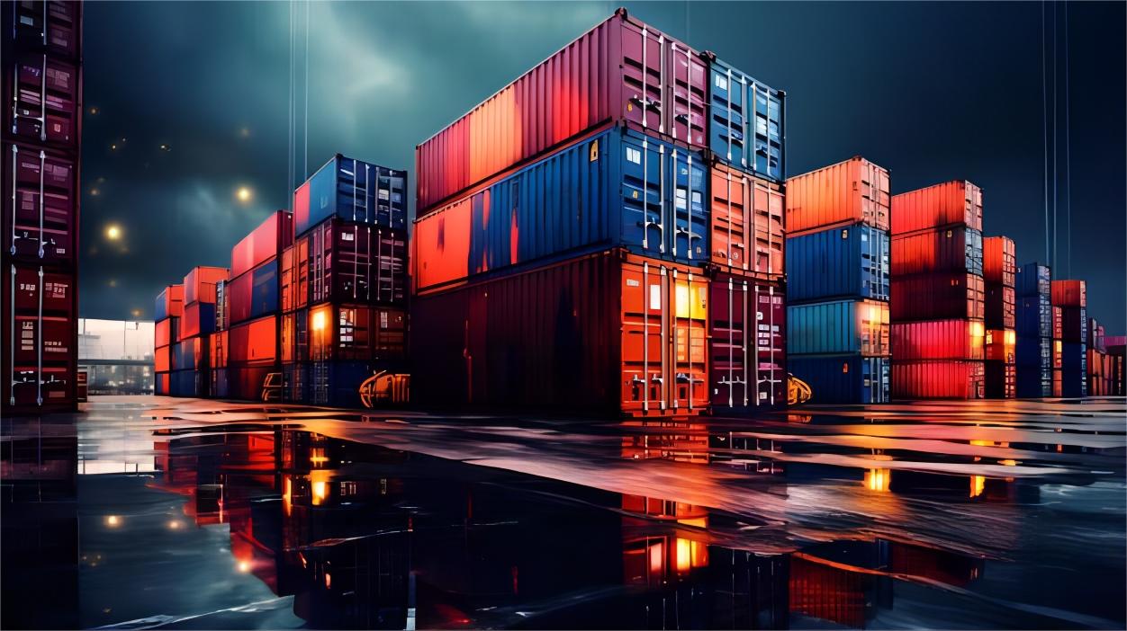 Modern shipping containers filled with electronic goods at a bustling port