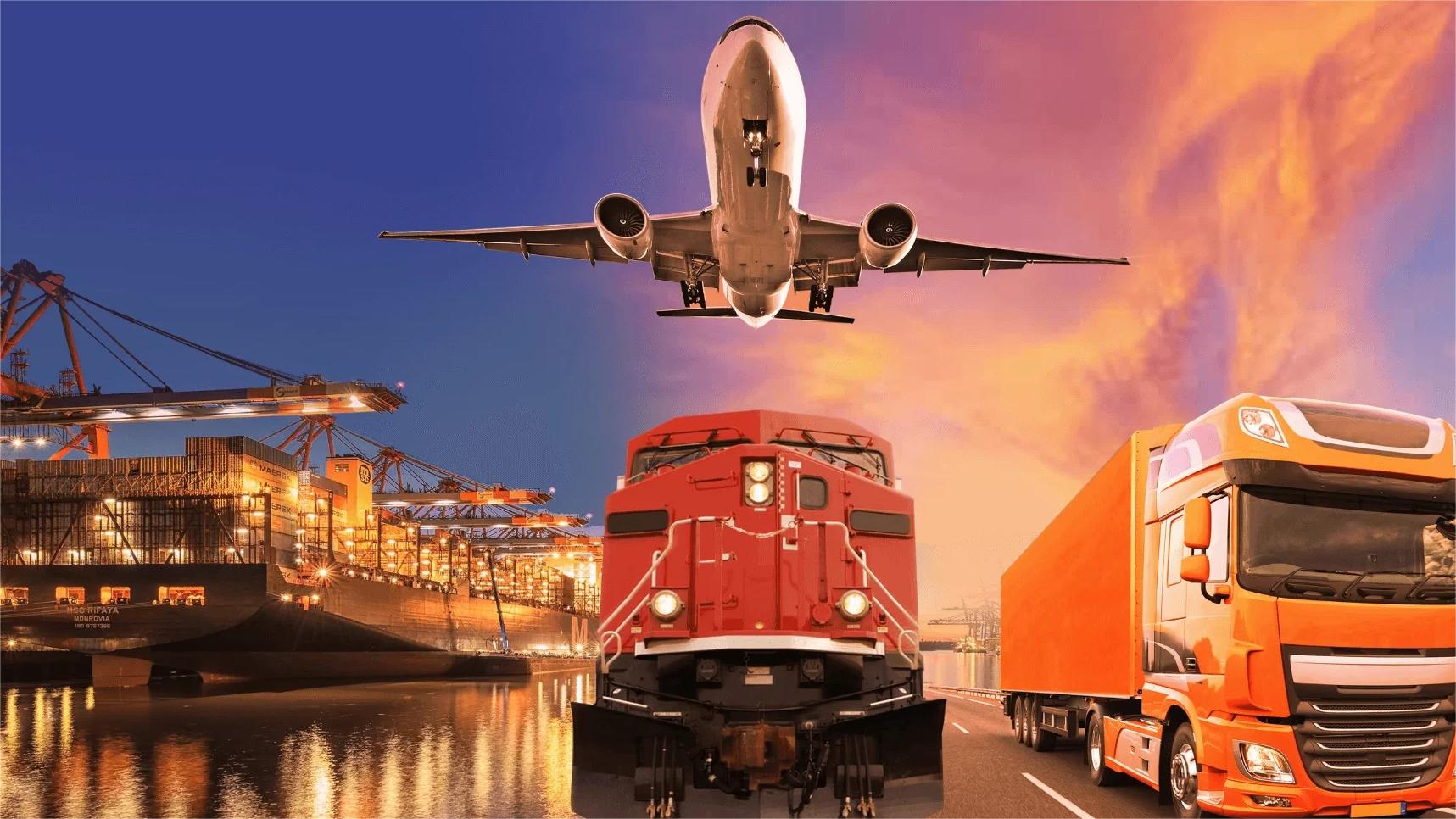 Container ship at sea and cargo plane taking off