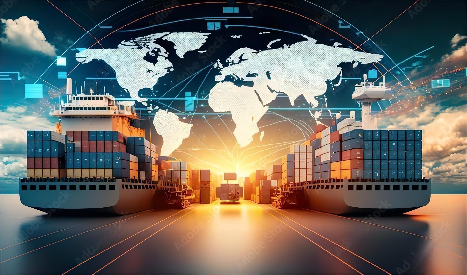 Shipping containers stacked at a bustling port with a freighter in the background