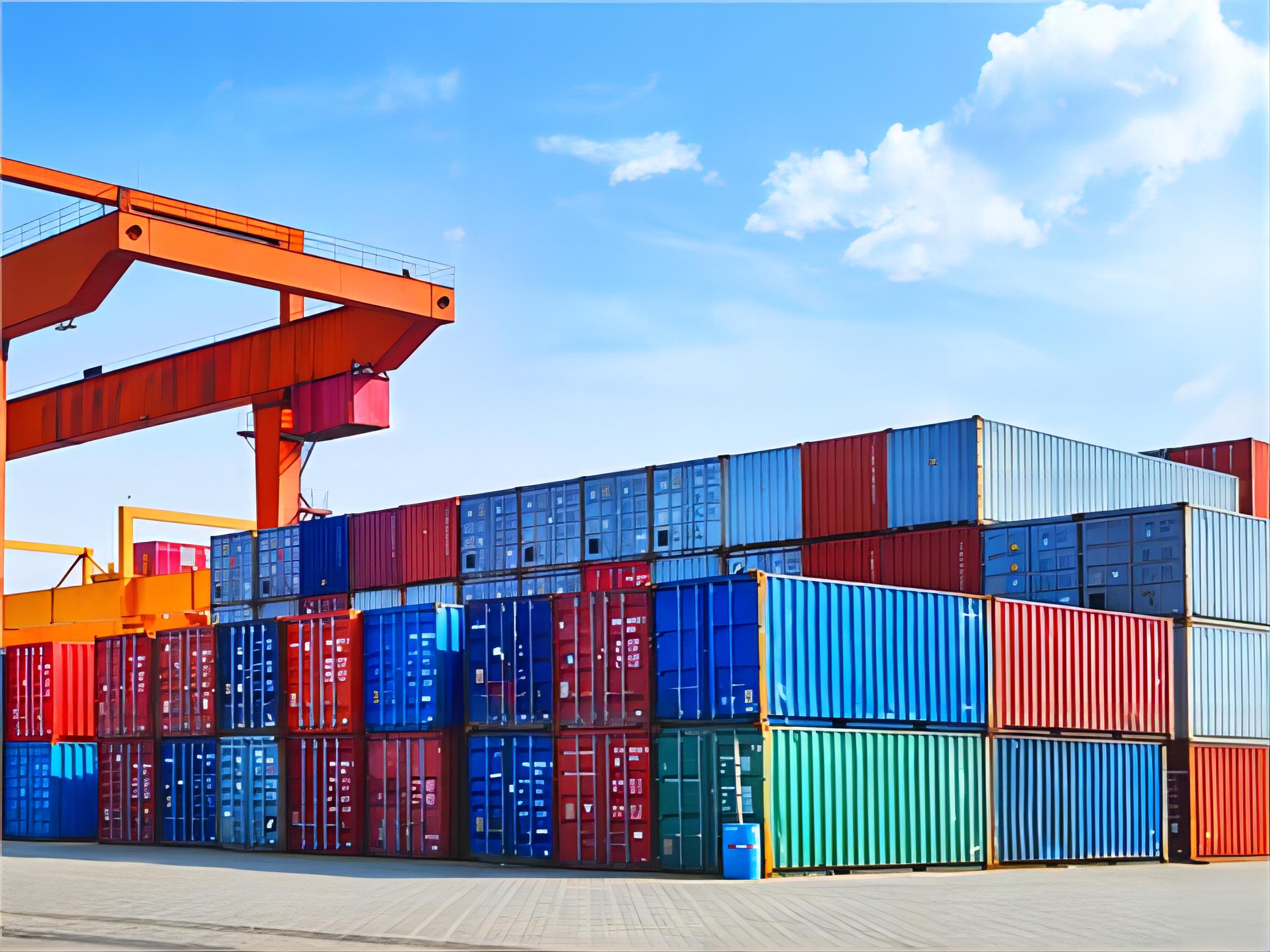 Shipping containers stacked at a busy port with cranes