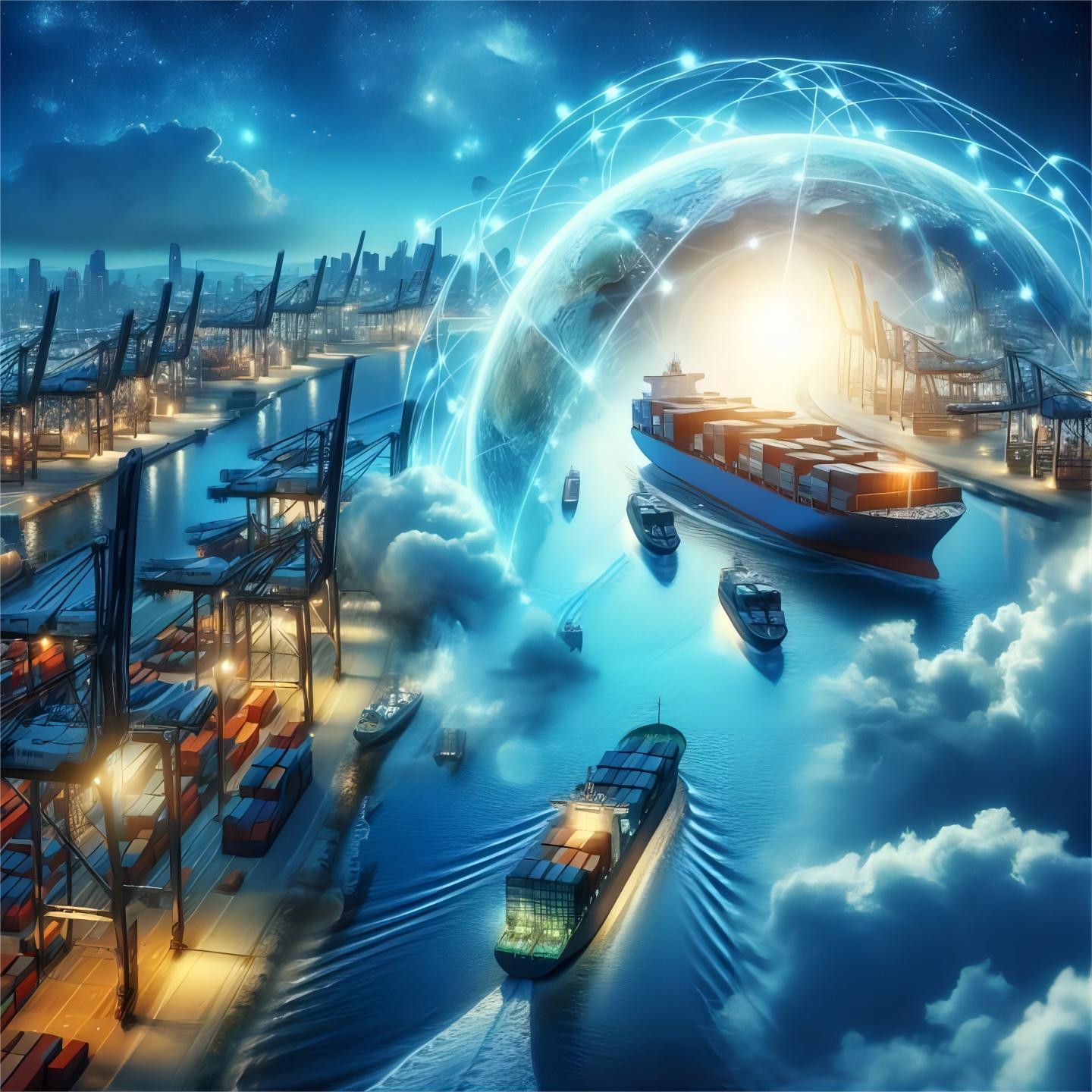 Container terminal with trucks and ships