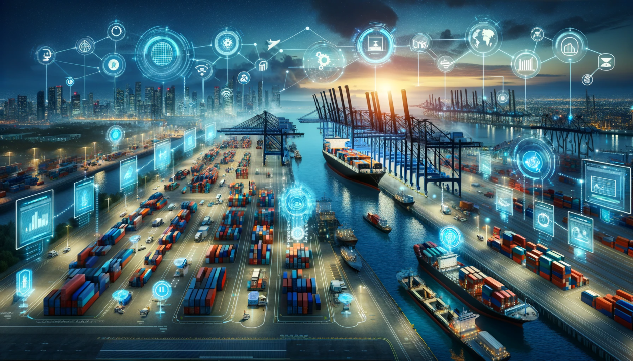 Logistics professionals reviewing shipping manifests and supply chain data